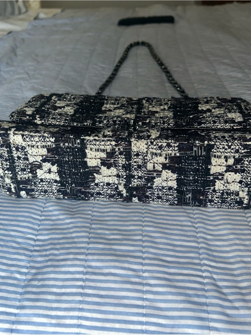 Chanel Navy Black Tweed Double Flap Double Chain Shoulder Bag 25 Silver Chain